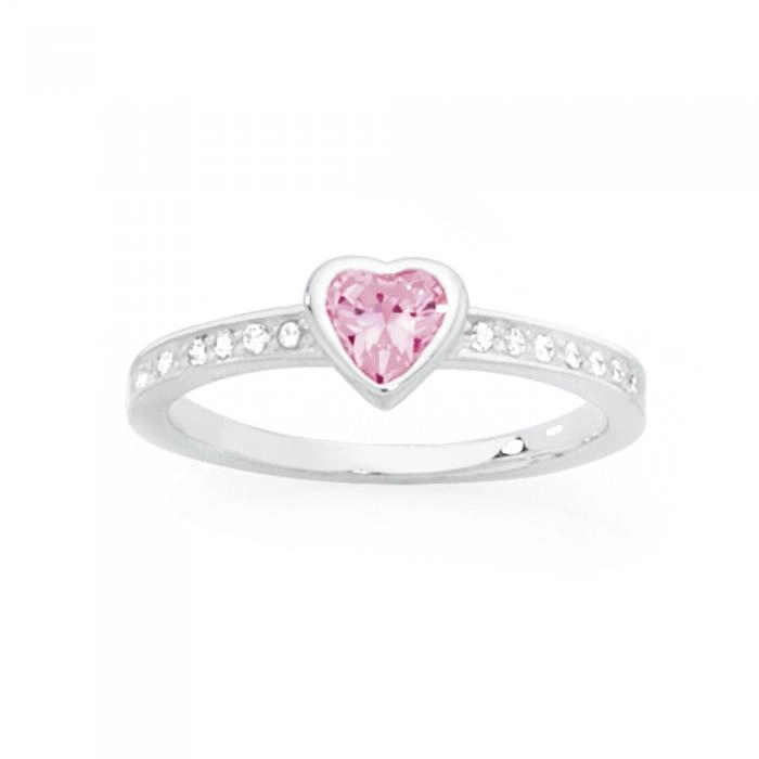 Sterling Silver Pink Cubic Zirconia Heart & Channel Set Cubic Zirconia Ring