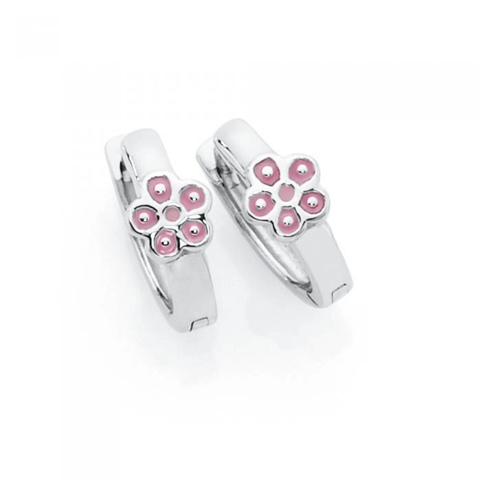 Sterling Silver Pink Flower Hoop Earrings