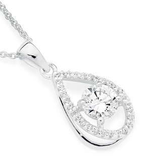 Sterling Silver Round Cubic Zirconia & Pear Halo Drop Necklet