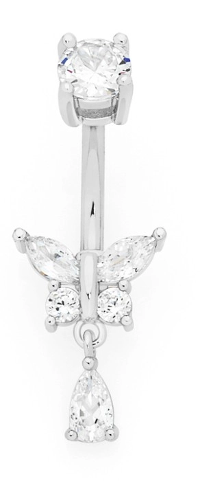 Sterling Silver & Stainless Steel Cubic Zirconia Butterfly with Drop Belly Bar