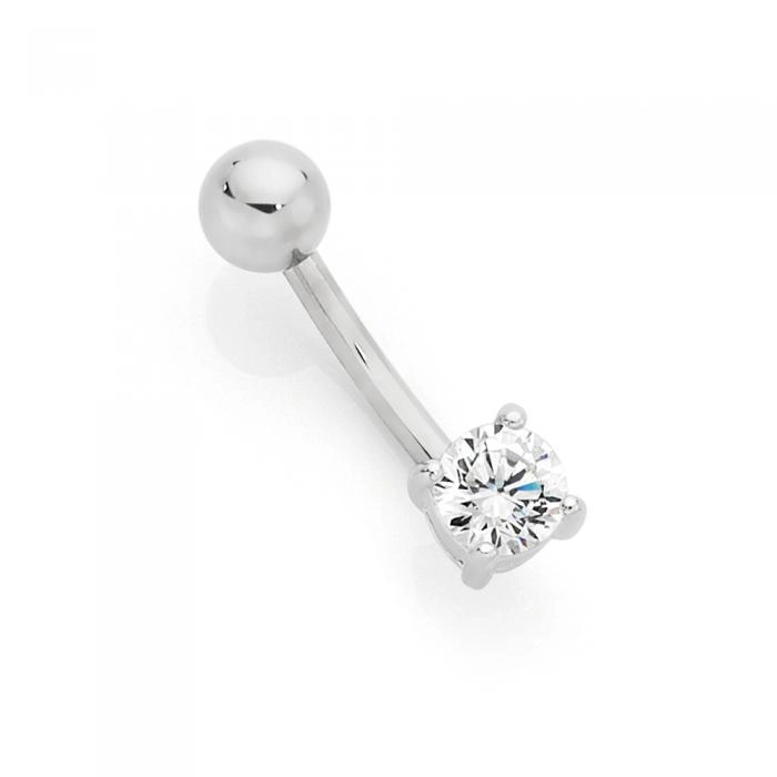 Sterling Silver & Stainless Steel Round Cubic Zirconia Belly Bar