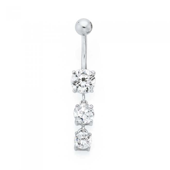 Sterling Silver & Stainless Steel Three Round Cubic Zirconia Drop Belly Bar