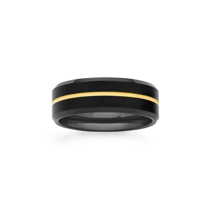 Tungsten Carbide Black Yellow Gold Centre Line Men's Ring