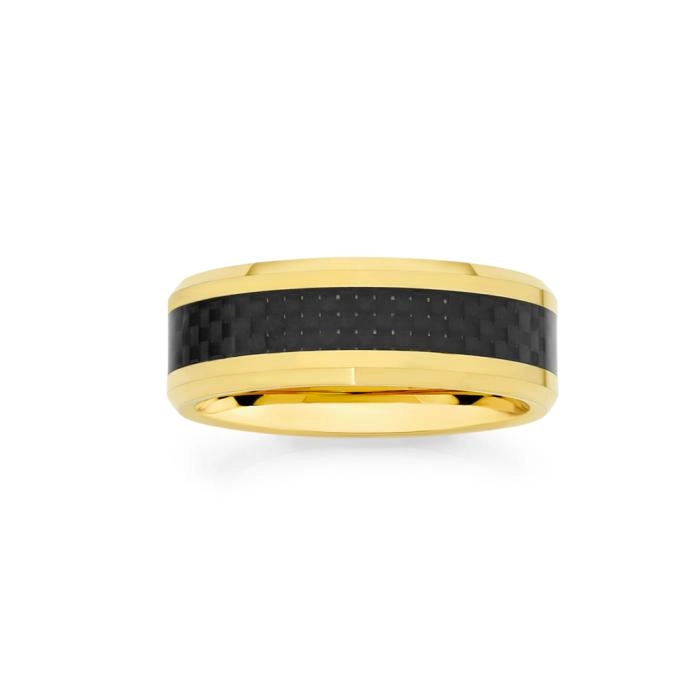 Tungsten Carbide Carbon Centre Yellow Gold Edge Men's Ring