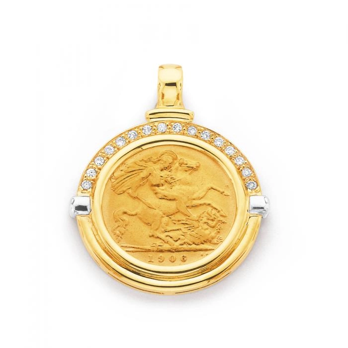 22ct Gold Half Sovereign in 9ct Gold Diamond Enhancer Pendant