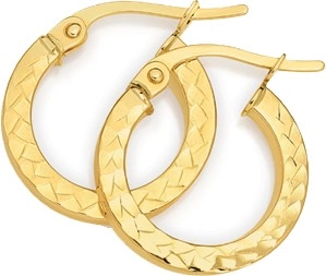 9ct Gold 10mm Diamond-Cut Square Tube Hoop Earrings