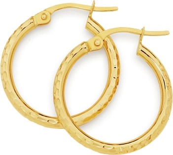 9ct Gold 15mm Diamond-Cut Hoop Earrings