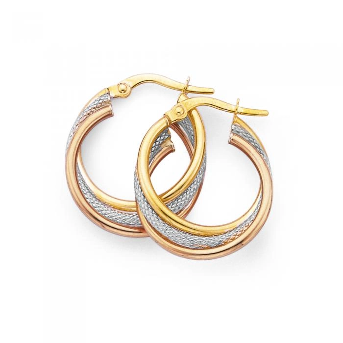 9ct Gold 15mm Tri Tone Triple Hoop Earrings