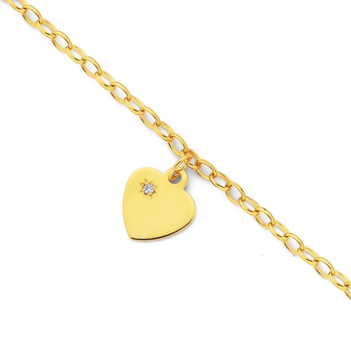 9ct Gold 16cm Solid Belcher Diamond Heart Charm Bracelet