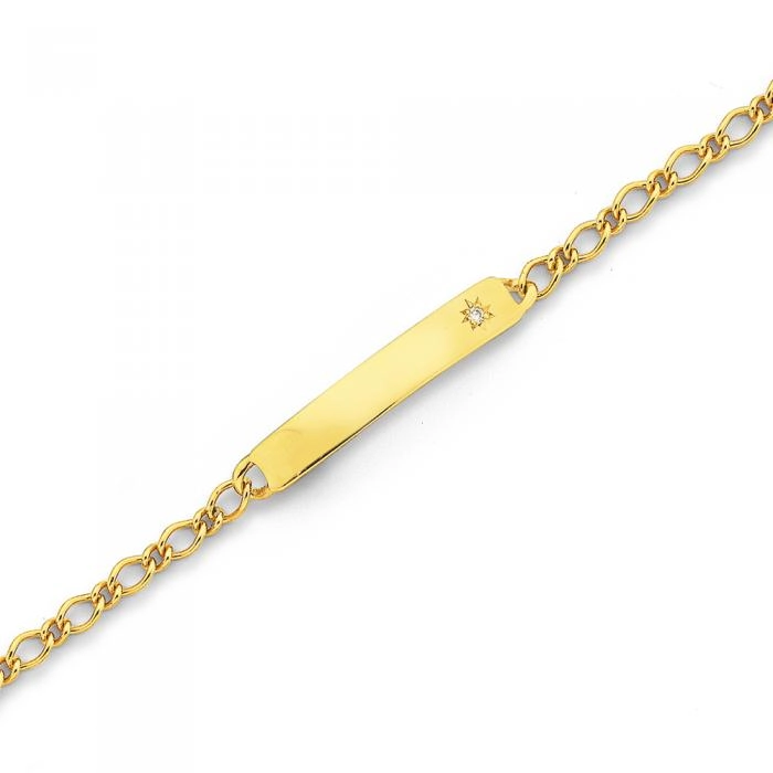 9ct Gold 16cm Solid Figaro 1+1 Diamond I.D. Bracelet