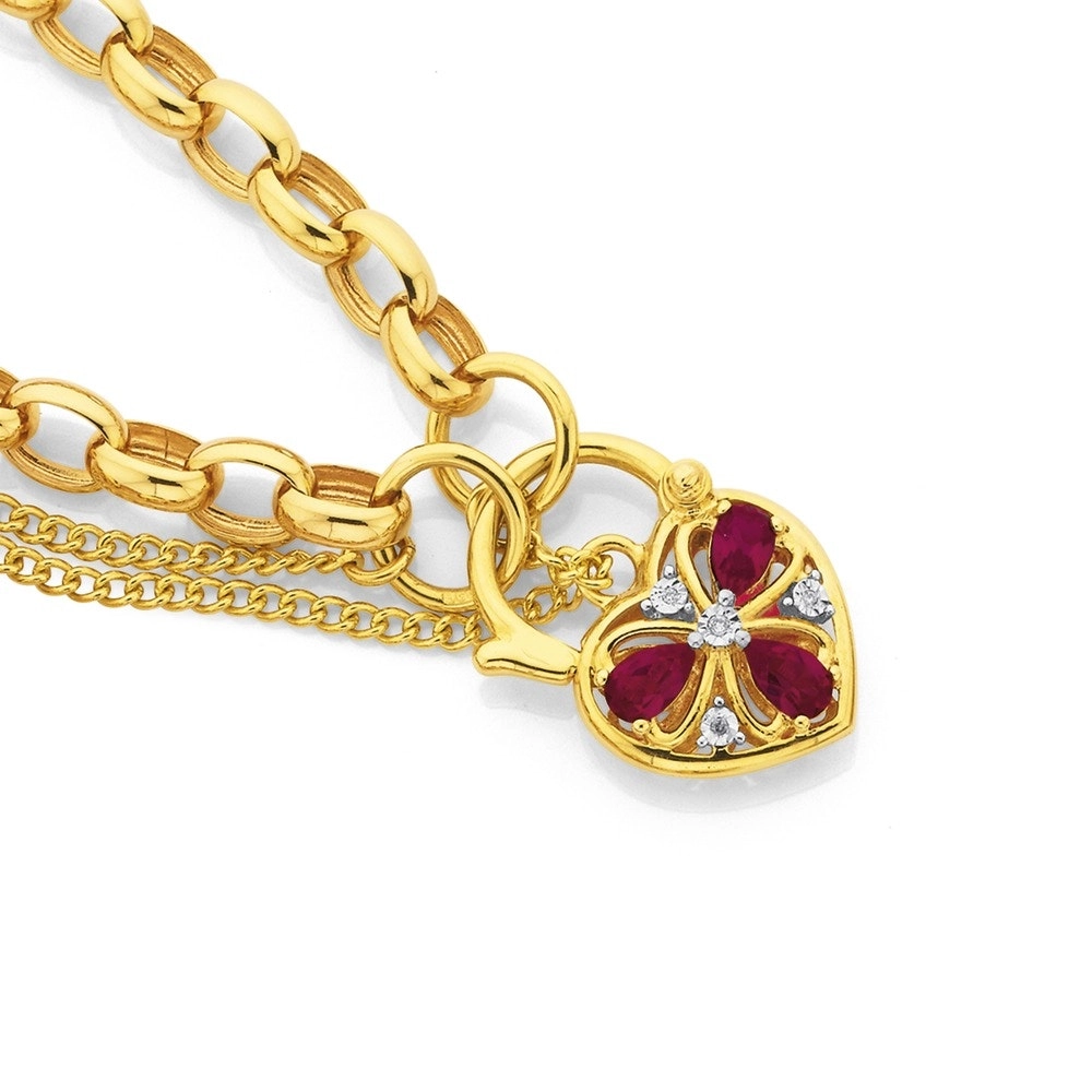 9ct Gold 19cm Solid Belcher Diamond & Created Ruby Padlock Bracelet