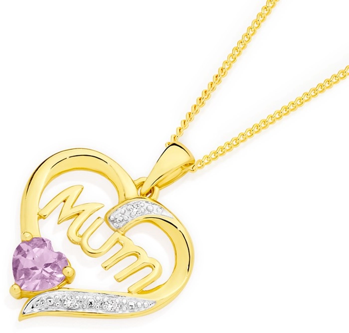 9ct Gold Amethyst & Diamond 'Mum' Heart Pendant