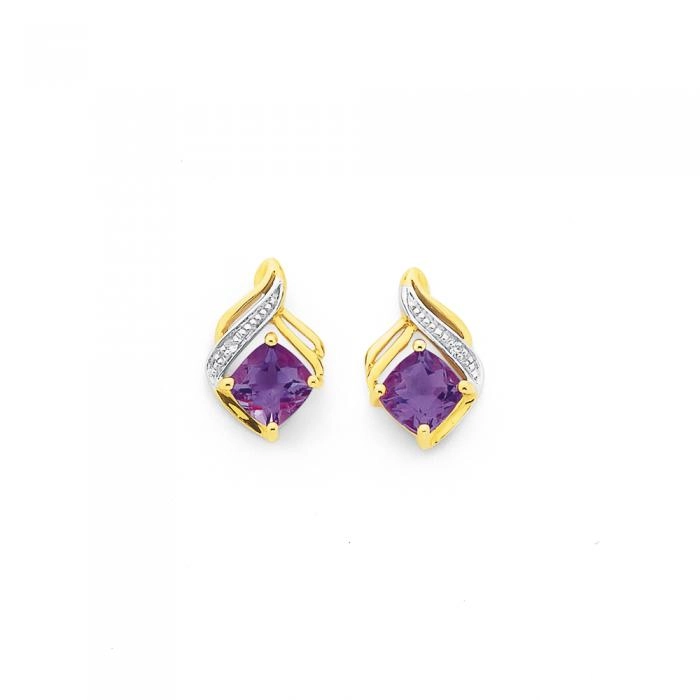 9ct Gold Amethyst & Diamond Stud Earrings