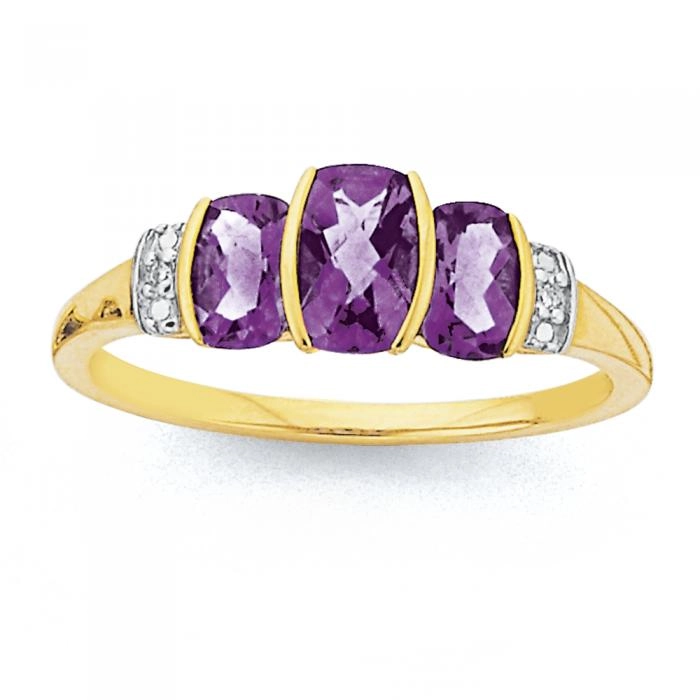 9ct Gold Amethyst & Diamond Trilogy Ring