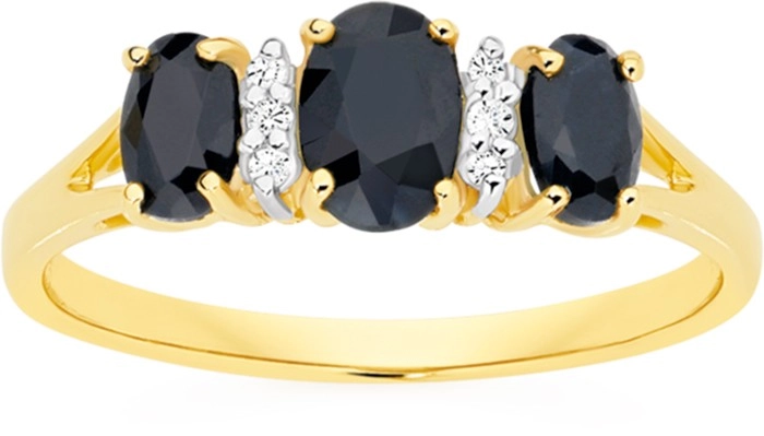 9ct Gold Black Sapphire & Diamond Oval Cut Trilogy Dress Ring