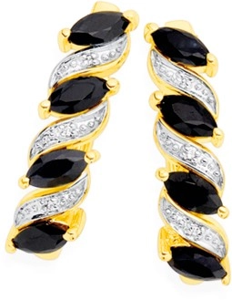 9ct Gold Black Sapphire & Diamond Swirl Hoop Earrings