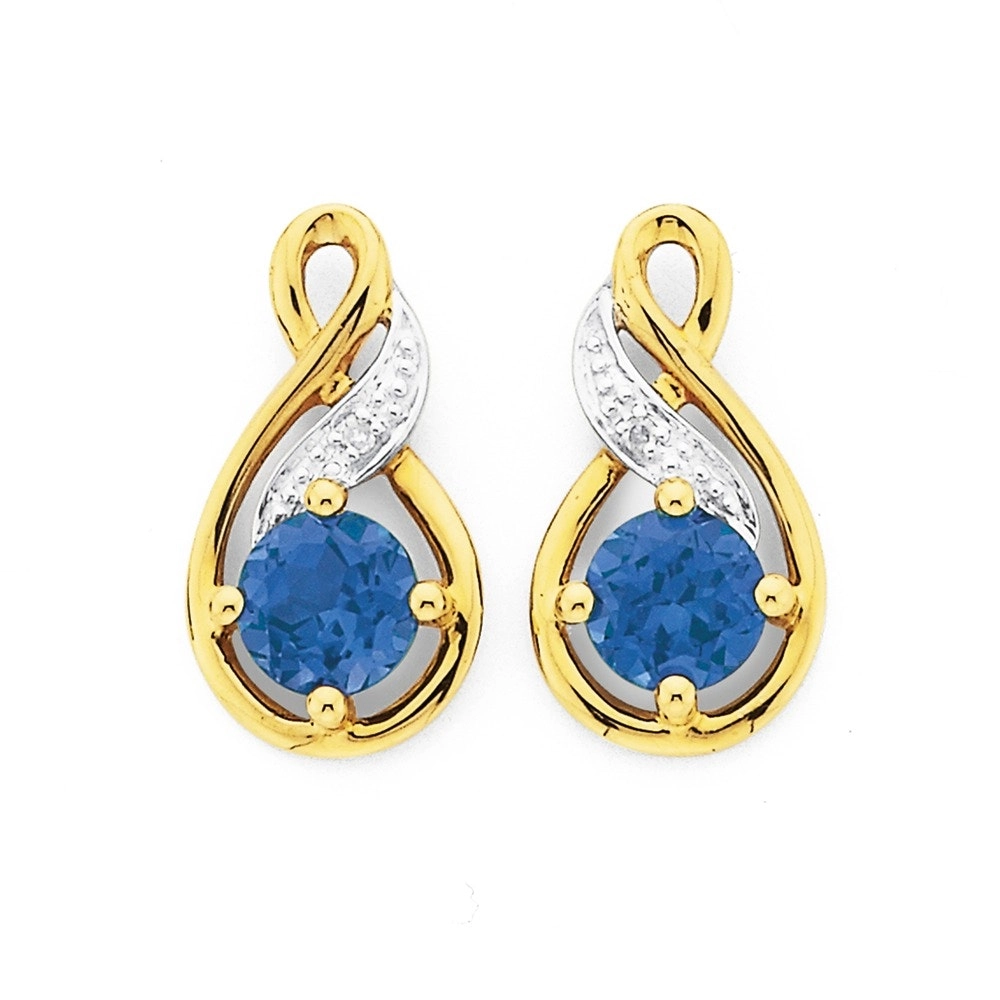 9ct Gold Created Ceylon Sapphire & Diamond Earrings