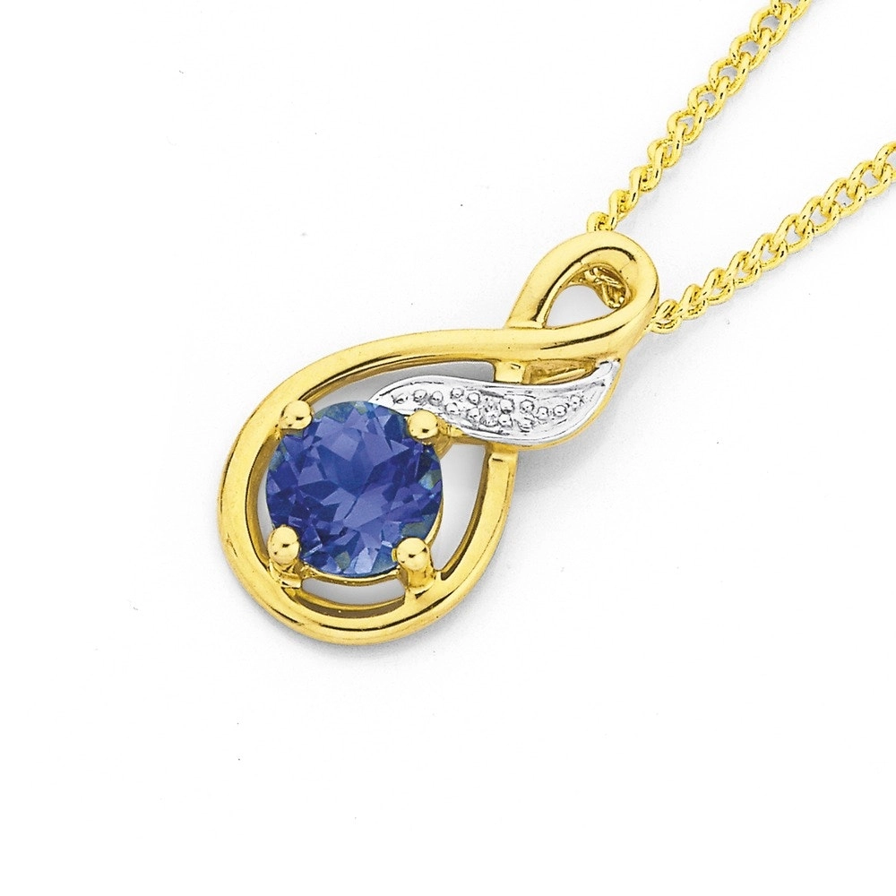 9ct Gold Created Ceylon Sapphire & Diamond Pendant