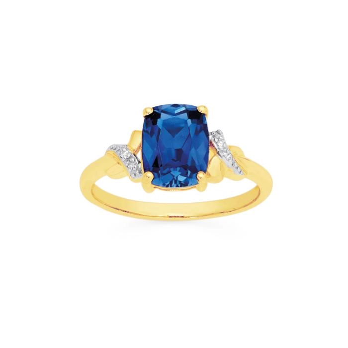 9ct Gold Created Ceylon Sapphire & Diamond Ring