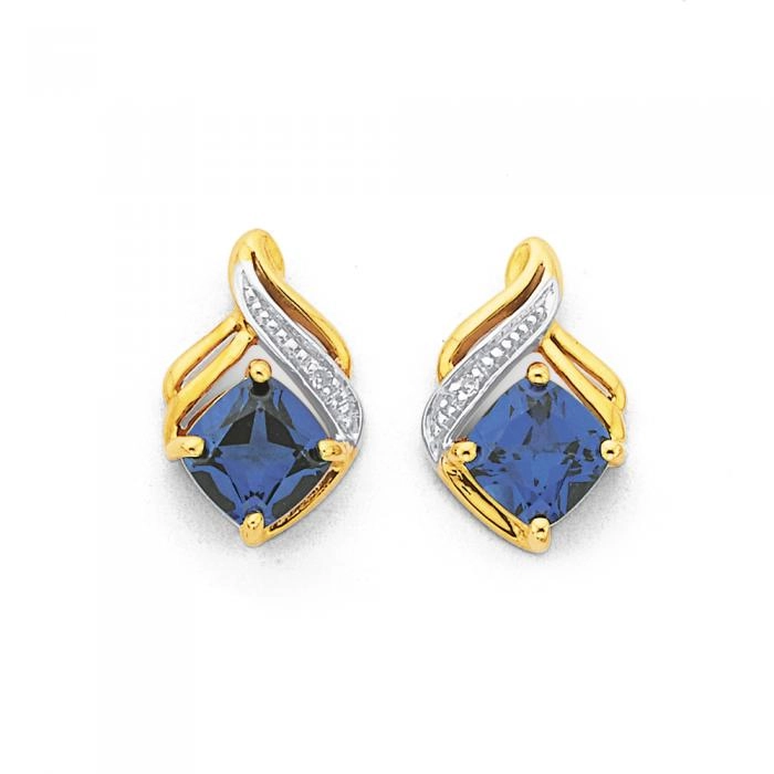 9ct Gold Created Ceylon Sapphire & Diamond Swirl Earrings