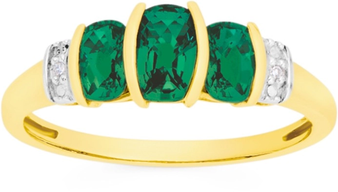 9ct Gold Created Emerald & Diamond Cushion Trilogy Ring