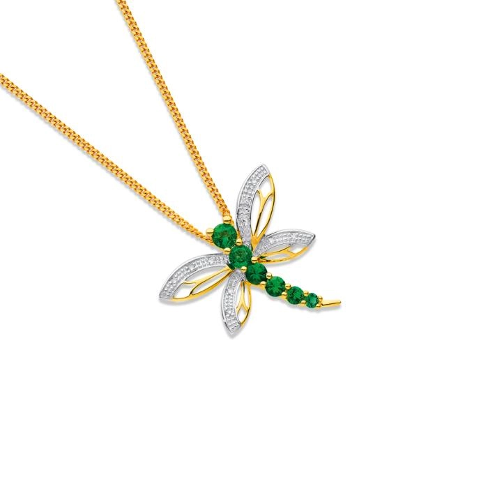 9ct Gold Created Emerald & Diamond Dragonfly Pendant