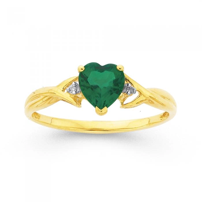 9ct Gold Created Emerald & Diamond Heart Ring