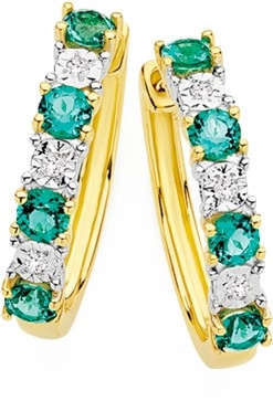 9ct Gold Created Emerald & Diamond Huggie Earrings