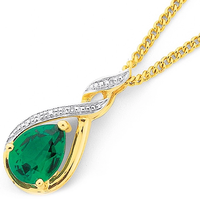 9ct Gold Created Emerald & Diamond Pendant