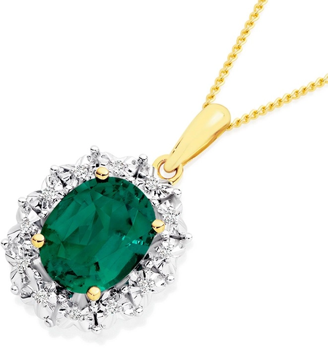 9ct Gold Created Emerald & Diamond Pendant