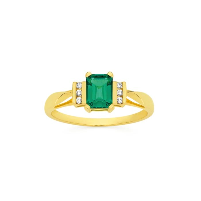 9ct Gold Created Emerald & Diamond Shoulder Ring