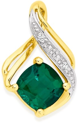 9ct Gold Created Emerald & Diamond Swirl Pendant