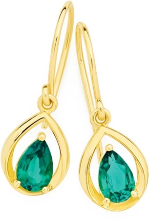 9ct Gold Created Emerald Hook Earrings