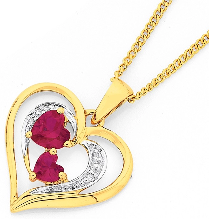 9ct Gold Created Heart & Diamond Pendant