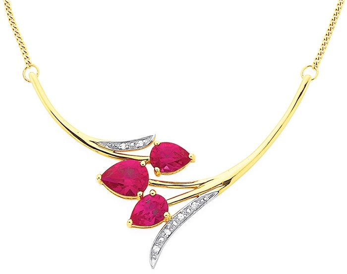 9ct Gold Created Ruby and Diamond Tulip Necklet