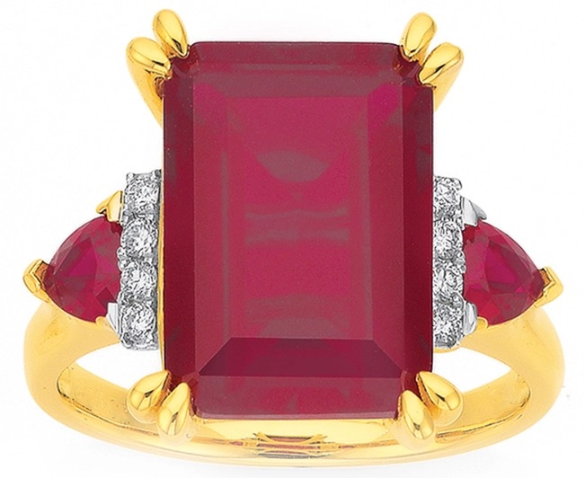 9ct Gold Created Ruby & Diamond Emerald Cut Dress Ring