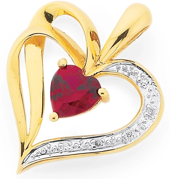 9ct Gold Created Ruby & Diamond Heart Cut 'Sweetheart' Pendant