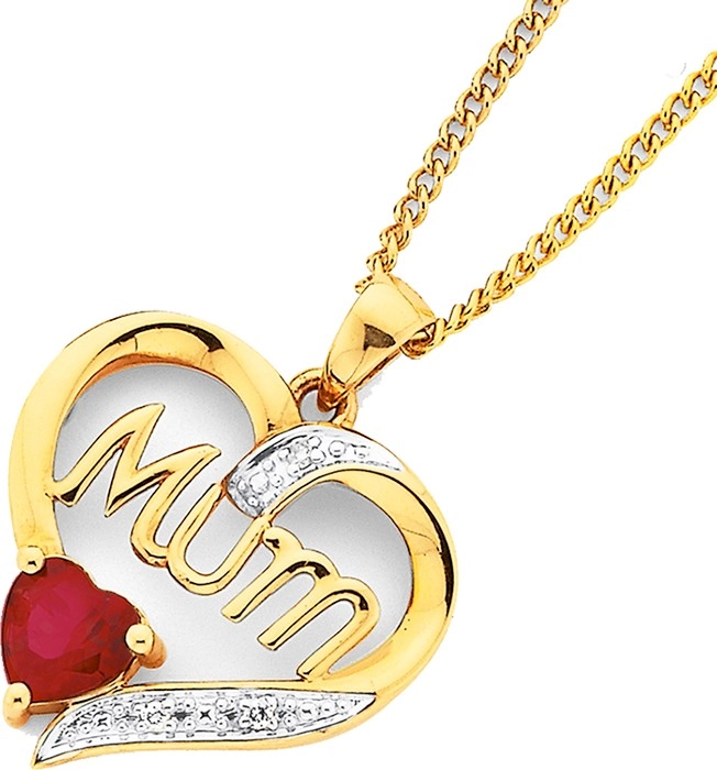 9ct Gold Created Ruby & Diamond Heart "Mum" Pendant