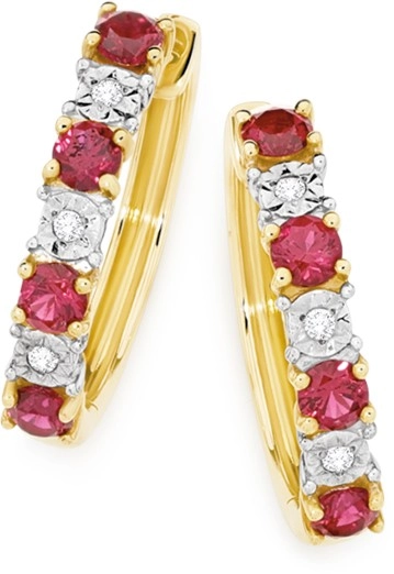 9ct Gold Created Ruby & Diamond Huggie Earrings