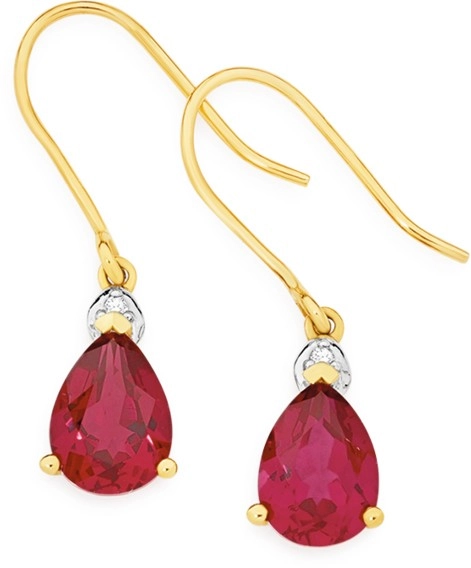 9ct Gold Created Ruby & Diamond Pear Earrings