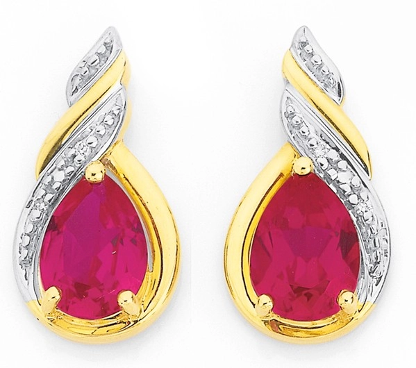 9ct Gold Created Ruby & Diamond Swirl Drop Stud Earrings