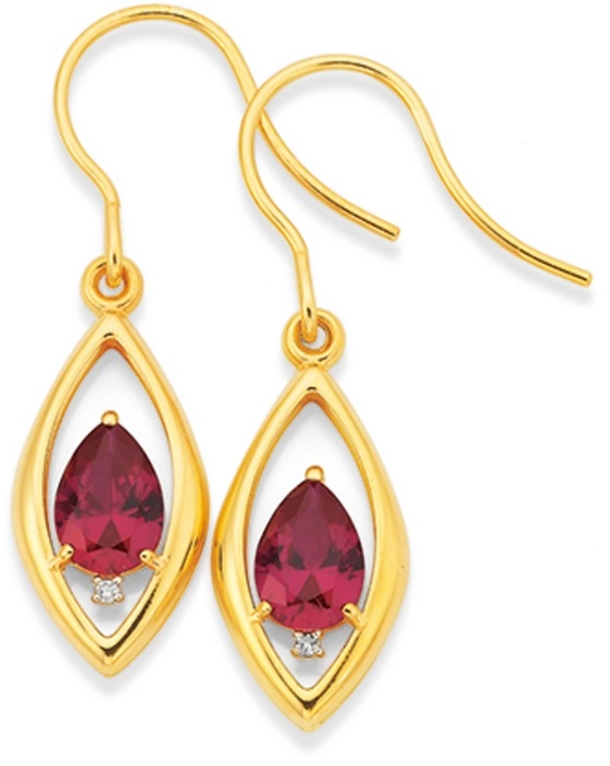 9ct Gold Created Ruby & Diamond Teardrop Earrings