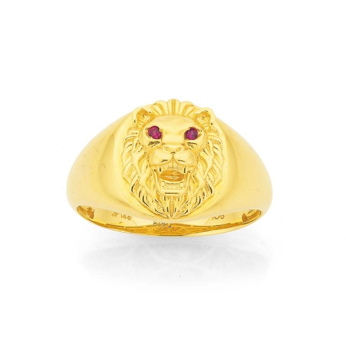 9ct Gold Created Ruby Lion Head Men's Ring