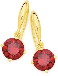 9ct Gold Created Ruby Round Brilliant Cut Hook Earrings