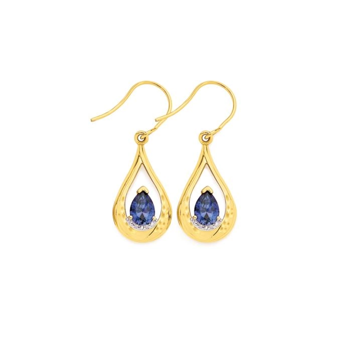 9ct Gold Created Sapphire and Diamond Drop Earrings