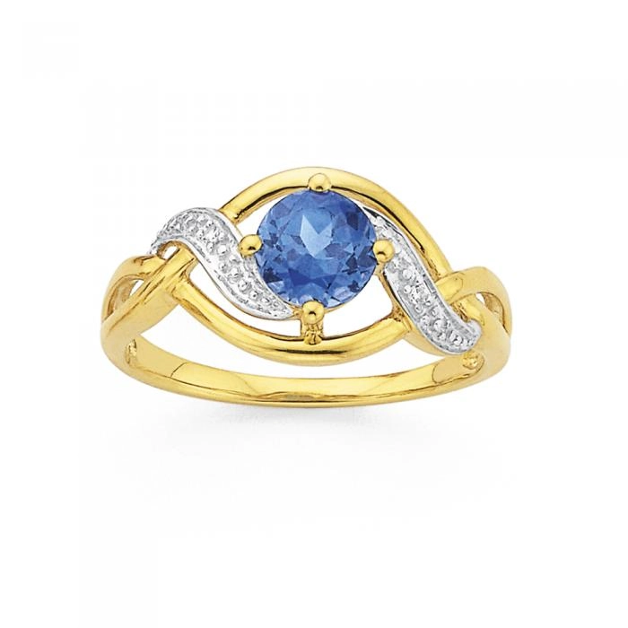 9ct Gold Created Sapphire and Diamond Ring