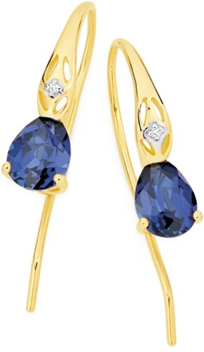 9ct Gold Created Sapphire & Diamond Hook Earrings