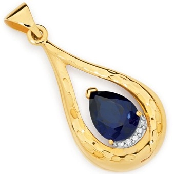 9ct Gold Created Sapphire & Diamond Open Teardrop Pendant