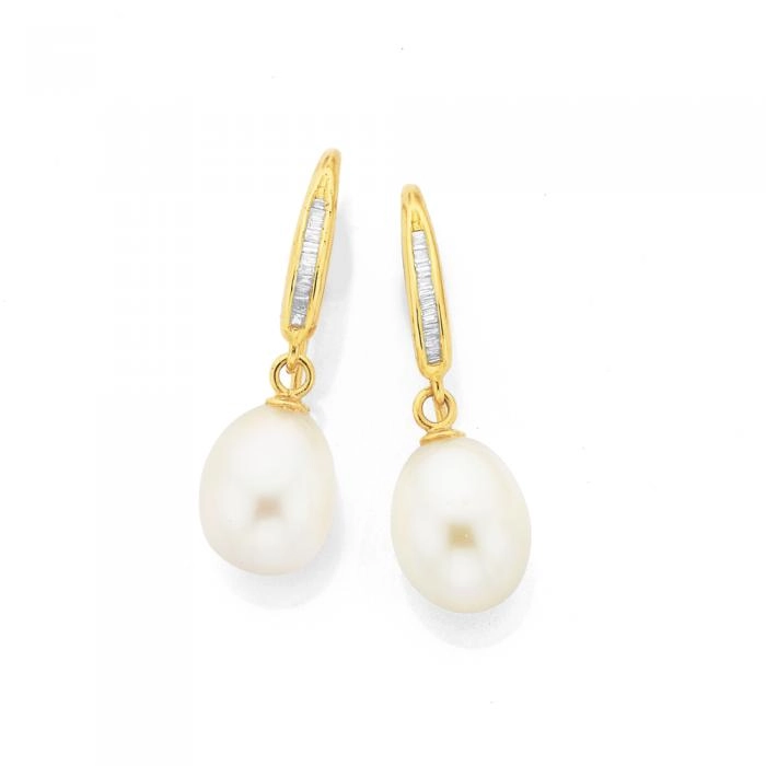 9ct Gold Cultured Fresh Water Pearl & Diamond Drop Earrings