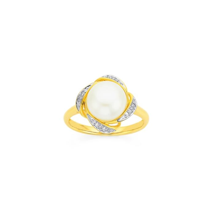 9ct Gold Cultured Freshwater Button Pearl & Diamond Swirl Framed Dress Ring